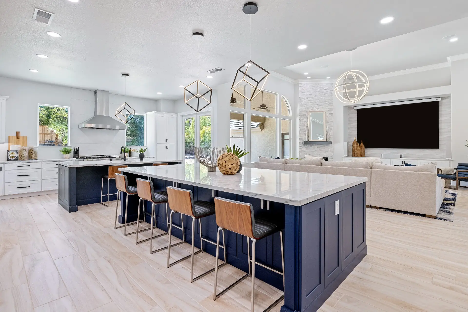 he Perfect Combination: Shaker White Kitchen Cabinets and a Blue Island